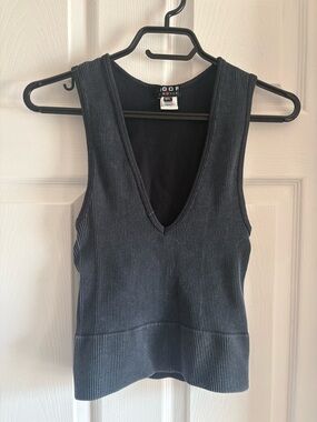 Poof! - Ribbed Deep V Tank Top in Blue - Size M/L